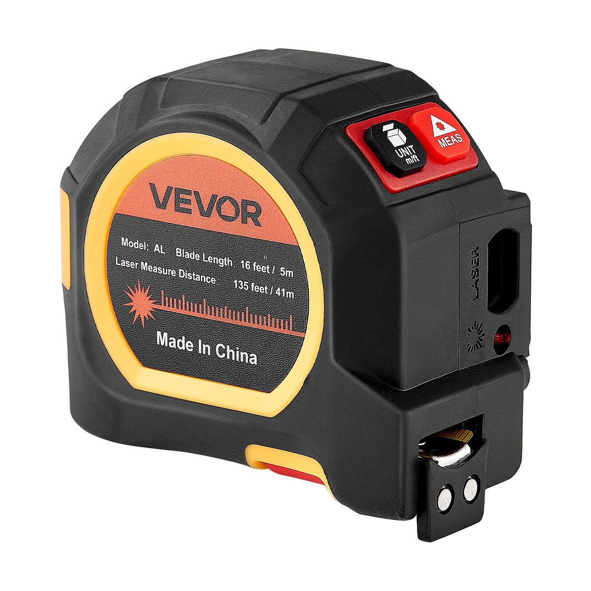 VEVOR 2-in-1 lāzera mērierīce ar 41 m lāzera mērījumu un 4,8 m magnētisku ruleti, uzlādējama, ar garuma, laukuma, tilpuma un nepārtrauktās mērīšanas režīmiem, mērvienības m/ft/in/ft+in, piemērota ārdarbiem un dekorēšanai