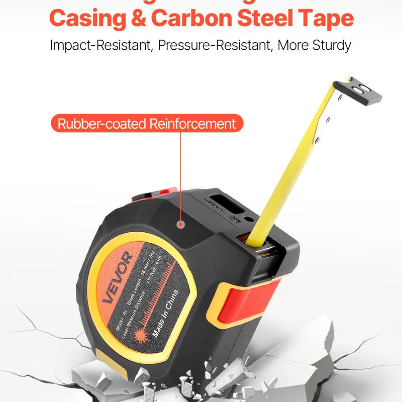 VEVOR 2-in-1 lāzera mērierīce ar 41 m lāzera mērījumu un 4,8 m magnētisku ruleti, uzlādējama, ar garuma, laukuma, tilpuma un nepārtrauktās mērīšanas režīmiem, mērvienības m/ft/in/ft+in, piemērota ārdarbiem un dekorēšanai