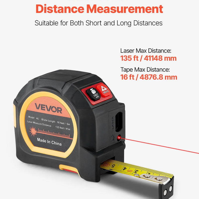 VEVOR 2-in-1 lāzera mērierīce ar 41 m lāzera mērījumu un 4,8 m magnētisku ruleti, uzlādējama, ar garuma, laukuma, tilpuma un nepārtrauktās mērīšanas režīmiem, mērvienības m/ft/in/ft+in, piemērota ārdarbiem un dekorēšanai