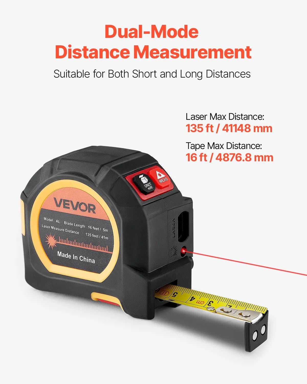 VEVOR 2-in-1 lāzera mērierīce ar 41 m lāzera mērījumu un 4,8 m magnētisku ruleti, uzlādējama, ar garuma, laukuma, tilpuma un nepārtrauktās mērīšanas režīmiem, mērvienības m/ft/in/ft+in, piemērota ārdarbiem un dekorēšanai