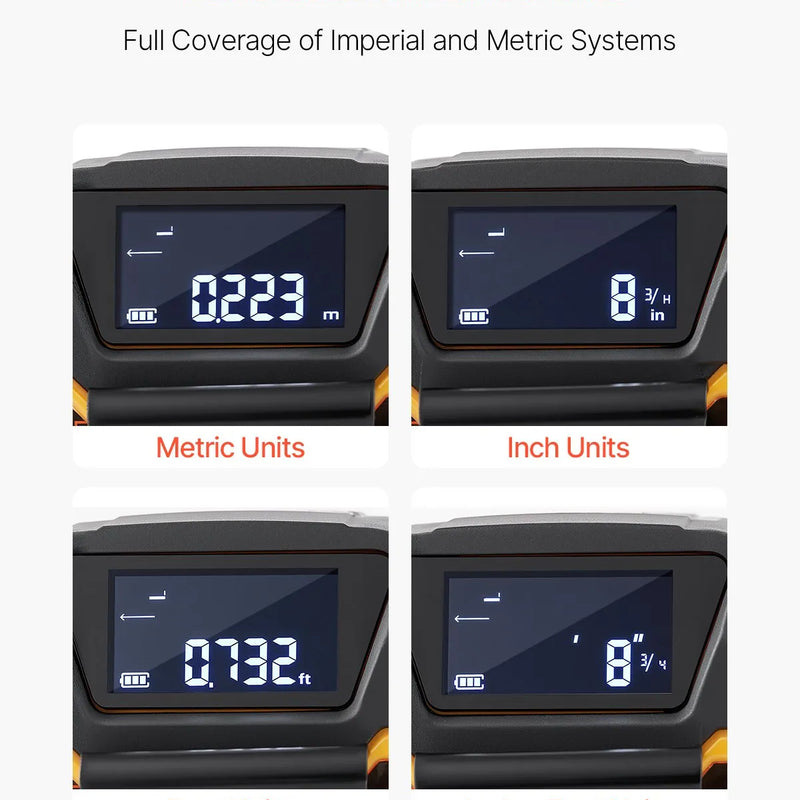 VEVOR 2-in-1 lāzera mērierīce ar 41 m lāzera mērījumu un 4,8 m magnētisku ruleti, uzlādējama, ar garuma, laukuma, tilpuma un nepārtrauktās mērīšanas režīmiem, mērvienības m/ft/in/ft+in, piemērota ārdarbiem un dekorēšanai
