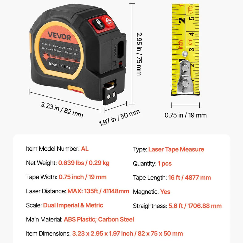 VEVOR 2-in-1 lāzera mērierīce ar 41 m lāzera mērījumu un 4,8 m magnētisku ruleti, uzlādējama, ar garuma, laukuma, tilpuma un nepārtrauktās mērīšanas režīmiem, mērvienības m/ft/in/ft+in, piemērota ārdarbiem un dekorēšanai