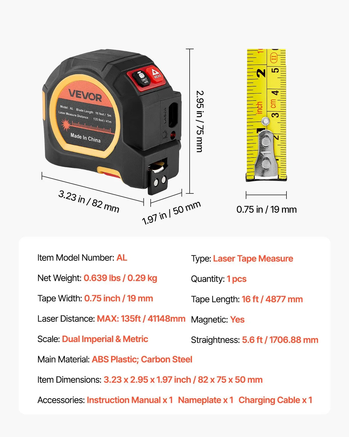 VEVOR 2-in-1 lāzera mērierīce ar 41 m lāzera mērījumu un 4,8 m magnētisku ruleti, uzlādējama, ar garuma, laukuma, tilpuma un nepārtrauktās mērīšanas režīmiem, mērvienības m/ft/in/ft+in, piemērota ārdarbiem un dekorēšanai
