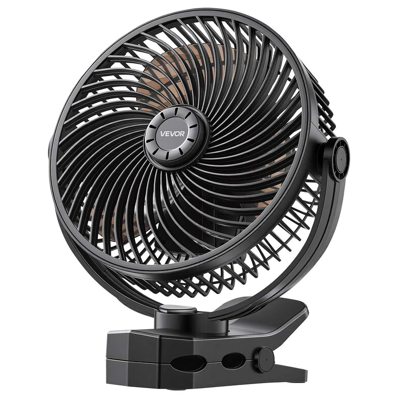 VEVOR pārnēsājams ventilators ar klipsi un uzlādējamu akumulatoru, USB pieslēgvieta, 3 ātrumi un cirkulācijas režīms, spēcīga gaisa plūsma, izturīgs stiprinājums, ilgs darbības laiks galdam, golfa ratiņiem, kempingam, skrejceliņam un birojam, melns