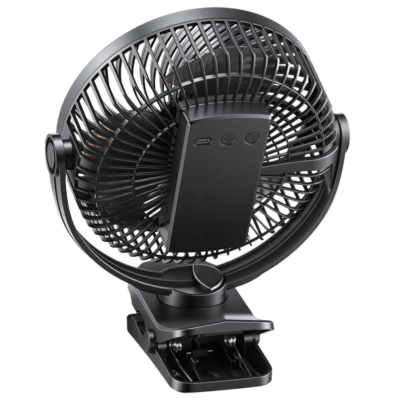 VEVOR pārnēsājams ventilators ar klipsi un uzlādējamu akumulatoru, USB pieslēgvieta, 3 ātrumi un cirkulācijas režīms, spēcīga gaisa plūsma, izturīgs stiprinājums, ilgs darbības laiks galdam, golfa ratiņiem, kempingam, skrejceliņam un birojam, melns