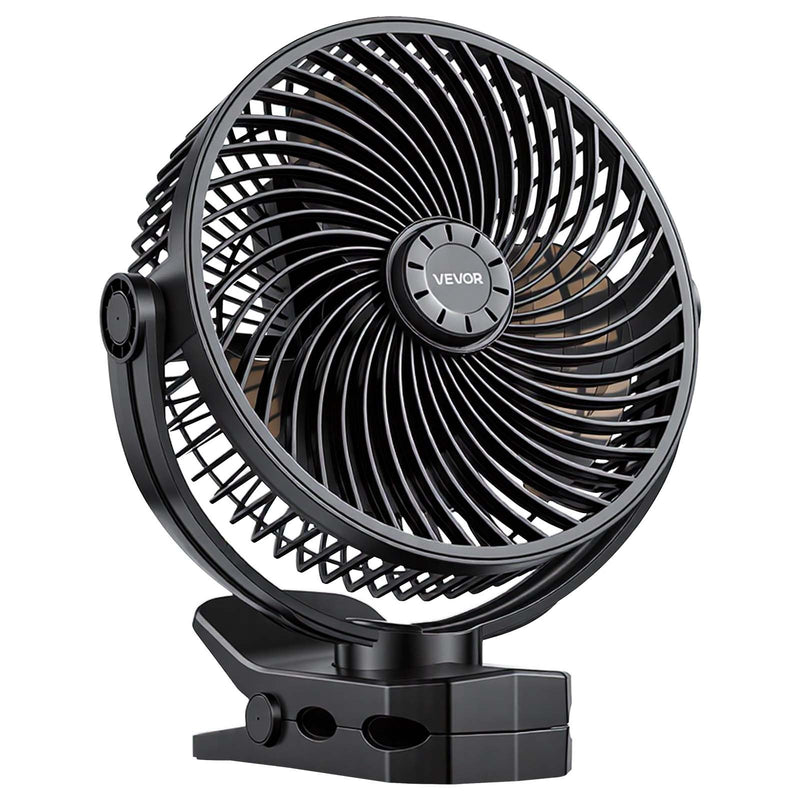 VEVOR pārnēsājams ventilators ar klipsi un uzlādējamu akumulatoru, USB pieslēgvieta, 3 ātrumi un cirkulācijas režīms, spēcīga gaisa plūsma, izturīgs stiprinājums, ilgs darbības laiks galdam, golfa ratiņiem, kempingam, skrejceliņam un birojam, melns
