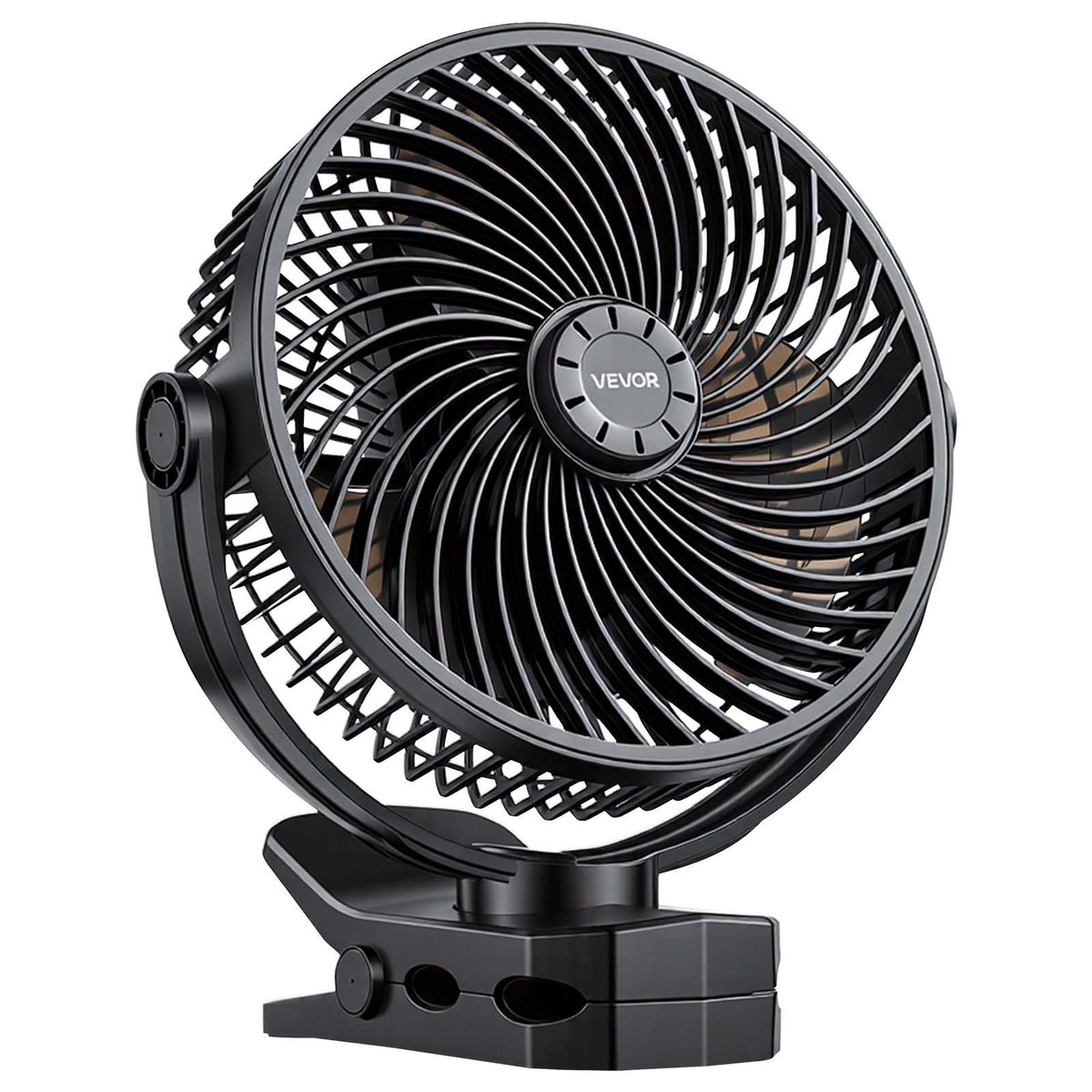 VEVOR pārnēsājams ventilators ar klipsi un uzlādējamu akumulatoru, USB pieslēgvieta, 3 ātrumi un cirkulācijas režīms, spēcīga gaisa plūsma, izturīgs stiprinājums, ilgs darbības laiks galdam, golfa ratiņiem, kempingam, skrejceliņam un birojam, melns