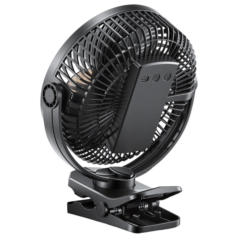 VEVOR pārnēsājams ventilators ar klipsi un uzlādējamu akumulatoru, USB pieslēgvieta, 3 ātrumi un cirkulācijas režīms, spēcīga gaisa plūsma, izturīgs stiprinājums, ilgs darbības laiks galdam, golfa ratiņiem, kempingam, skrejceliņam un birojam, melns