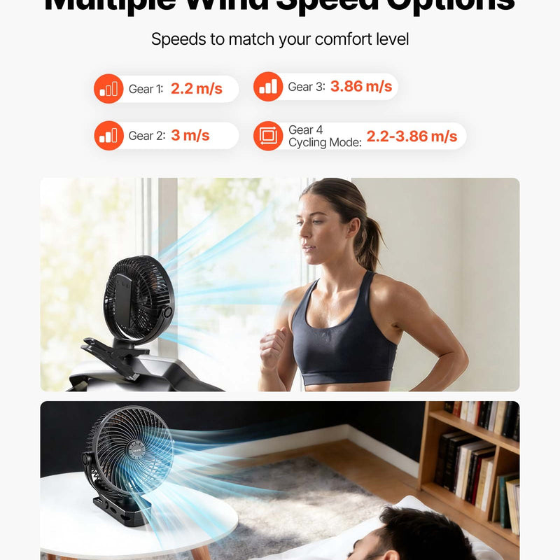 VEVOR pārnēsājams ventilators ar klipsi un uzlādējamu akumulatoru, USB pieslēgvieta, 3 ātrumi un cirkulācijas režīms, spēcīga gaisa plūsma, izturīgs stiprinājums, ilgs darbības laiks galdam, golfa ratiņiem, kempingam, skrejceliņam un birojam, melns