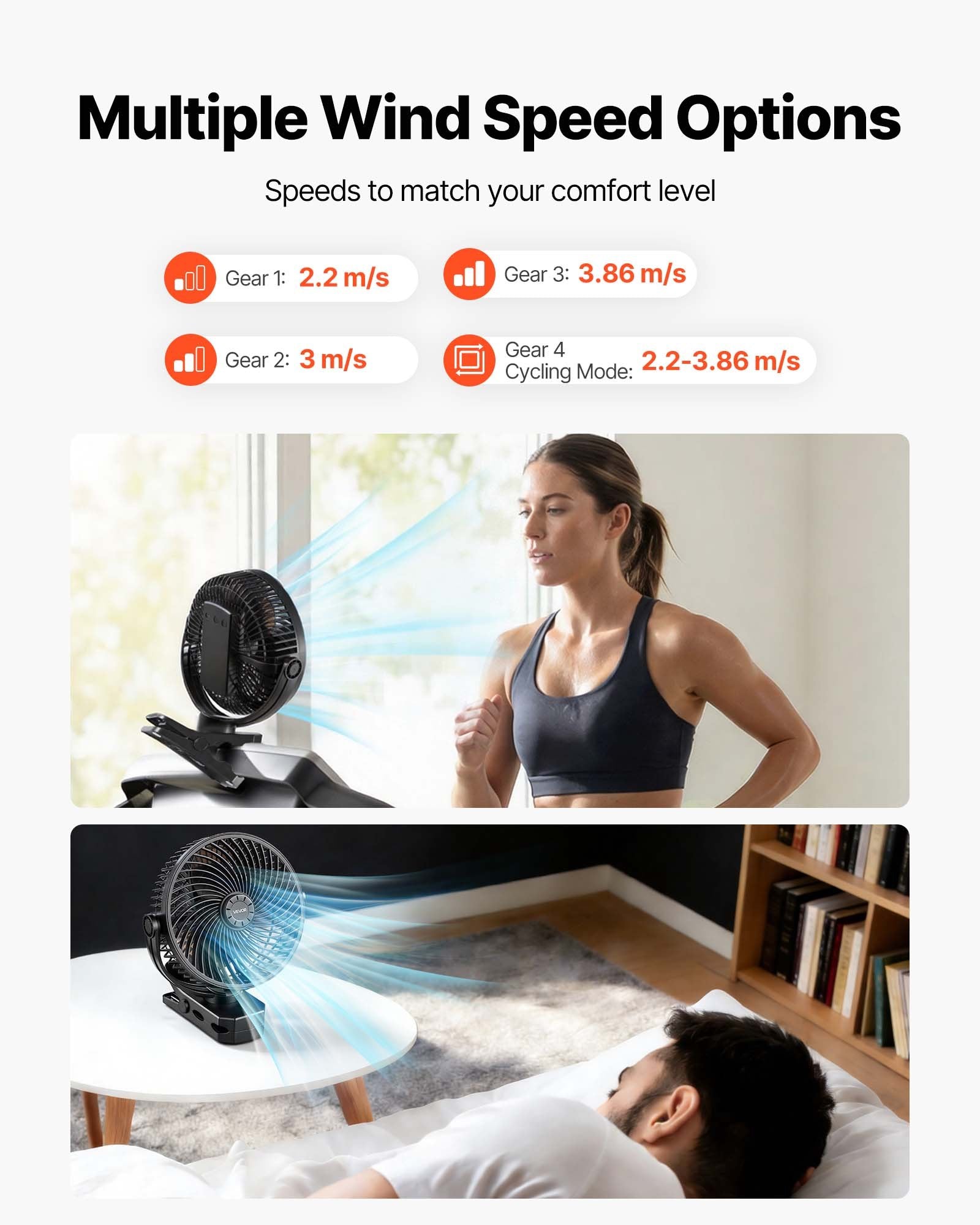 VEVOR pārnēsājams ventilators ar klipsi un uzlādējamu akumulatoru, USB pieslēgvieta, 3 ātrumi un cirkulācijas režīms, spēcīga gaisa plūsma, izturīgs stiprinājums, ilgs darbības laiks galdam, golfa ratiņiem, kempingam, skrejceliņam un birojam, melns