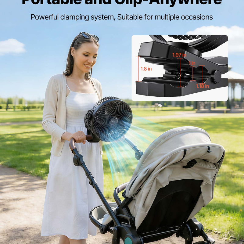 VEVOR pārnēsājams ventilators ar klipsi un uzlādējamu akumulatoru, USB pieslēgvieta, 3 ātrumi un cirkulācijas režīms, spēcīga gaisa plūsma, izturīgs stiprinājums, ilgs darbības laiks galdam, golfa ratiņiem, kempingam, skrejceliņam un birojam, melns