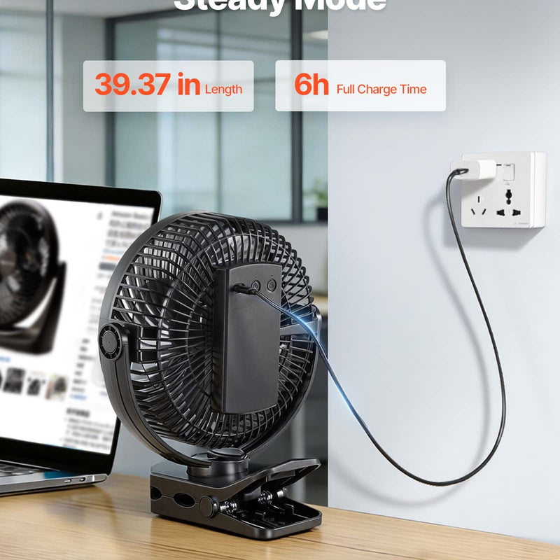 VEVOR pārnēsājams ventilators ar klipsi un uzlādējamu akumulatoru, USB pieslēgvieta, 3 ātrumi un cirkulācijas režīms, spēcīga gaisa plūsma, izturīgs stiprinājums, ilgs darbības laiks galdam, golfa ratiņiem, kempingam, skrejceliņam un birojam, melns