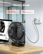 VEVOR pārnēsājams ventilators ar klipsi un uzlādējamu akumulatoru, USB pieslēgvieta, 3 ātrumi un cirkulācijas režīms, spēcīga gaisa plūsma, izturīgs stiprinājums, ilgs darbības laiks galdam, golfa ratiņiem, kempingam, skrejceliņam un birojam, melns