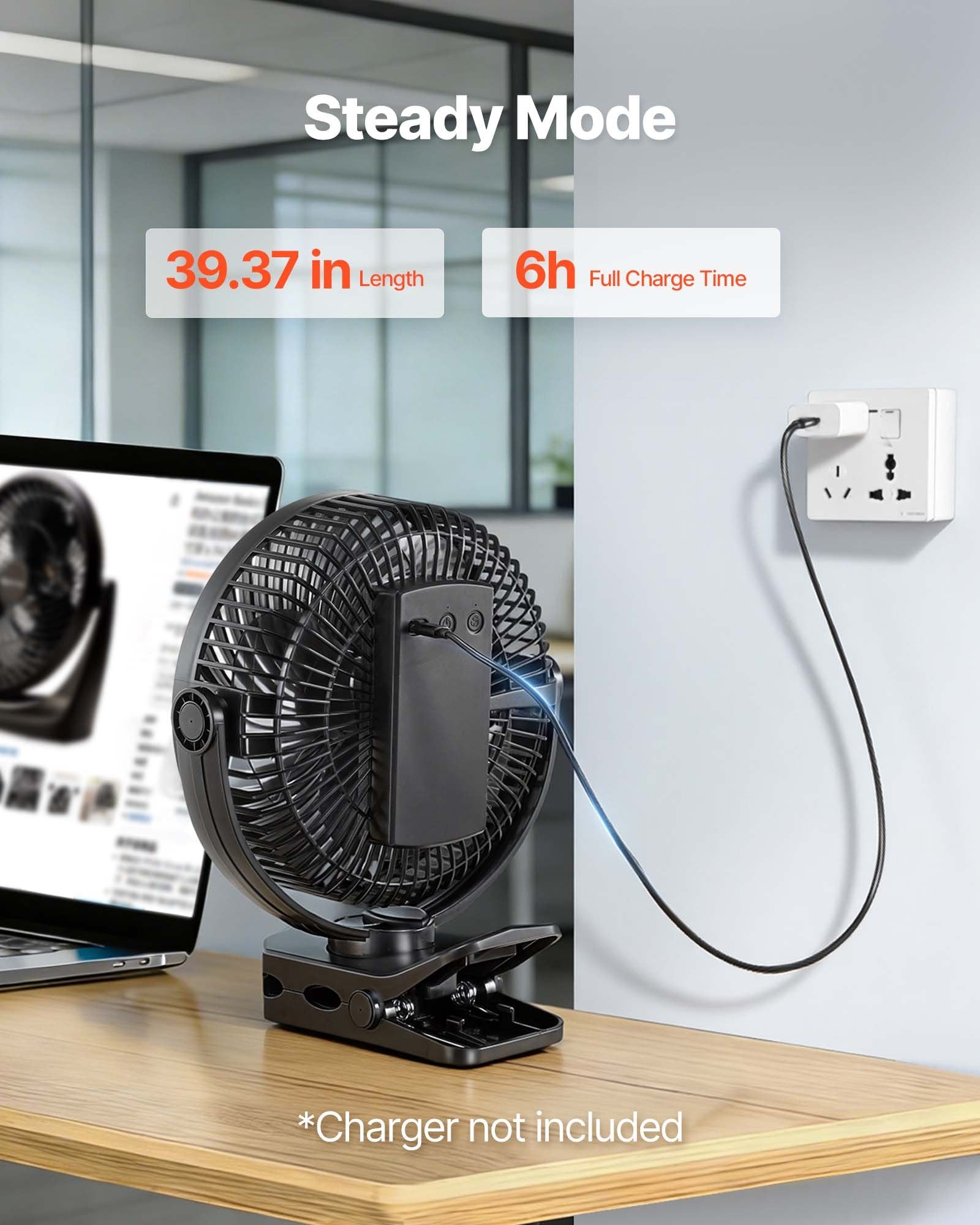 VEVOR pārnēsājams ventilators ar klipsi un uzlādējamu akumulatoru, USB pieslēgvieta, 3 ātrumi un cirkulācijas režīms, spēcīga gaisa plūsma, izturīgs stiprinājums, ilgs darbības laiks galdam, golfa ratiņiem, kempingam, skrejceliņam un birojam, melns