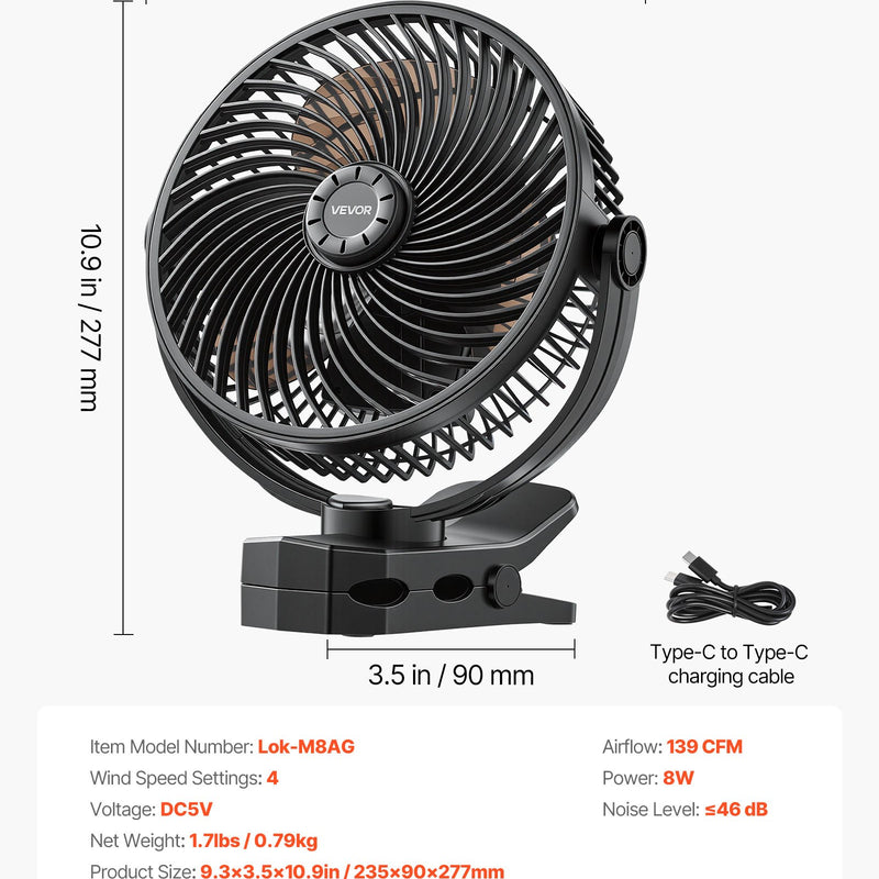 VEVOR pārnēsājams ventilators ar klipsi un uzlādējamu akumulatoru, USB pieslēgvieta, 3 ātrumi un cirkulācijas režīms, spēcīga gaisa plūsma, izturīgs stiprinājums, ilgs darbības laiks galdam, golfa ratiņiem, kempingam, skrejceliņam un birojam, melns