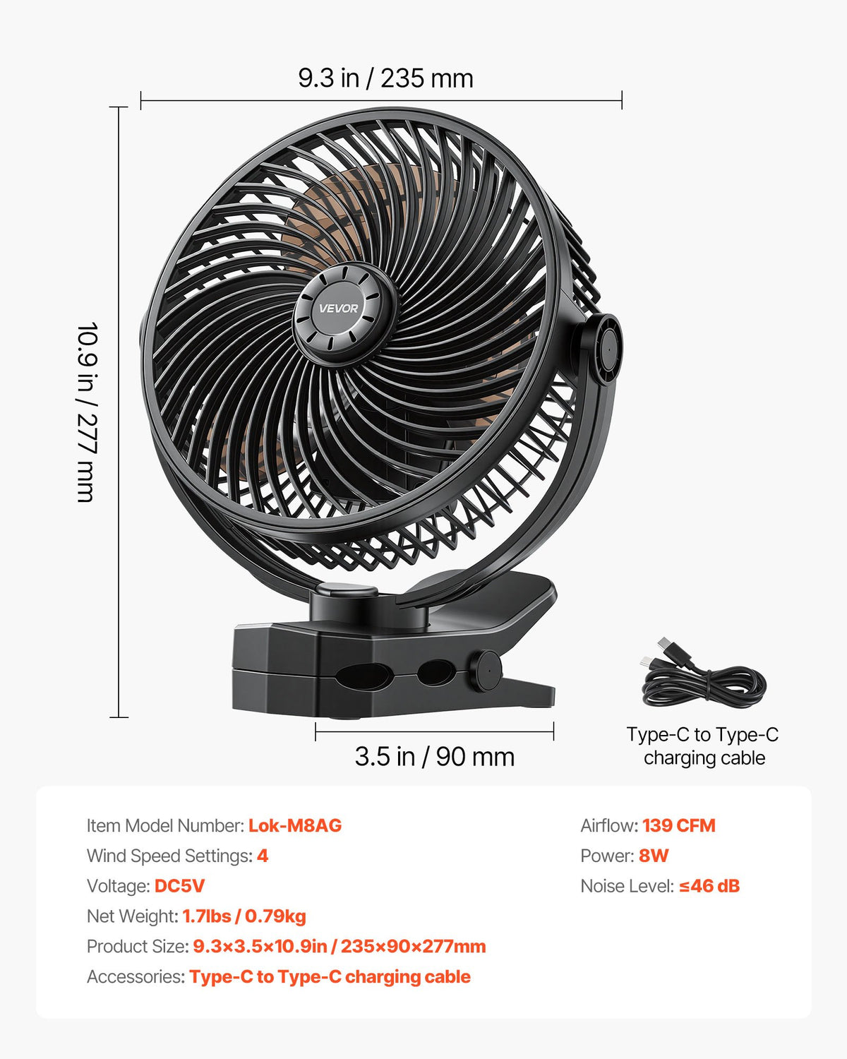VEVOR pārnēsājams ventilators ar klipsi un uzlādējamu akumulatoru, USB pieslēgvieta, 3 ātrumi un cirkulācijas režīms, spēcīga gaisa plūsma, izturīgs stiprinājums, ilgs darbības laiks galdam, golfa ratiņiem, kempingam, skrejceliņam un birojam, melns