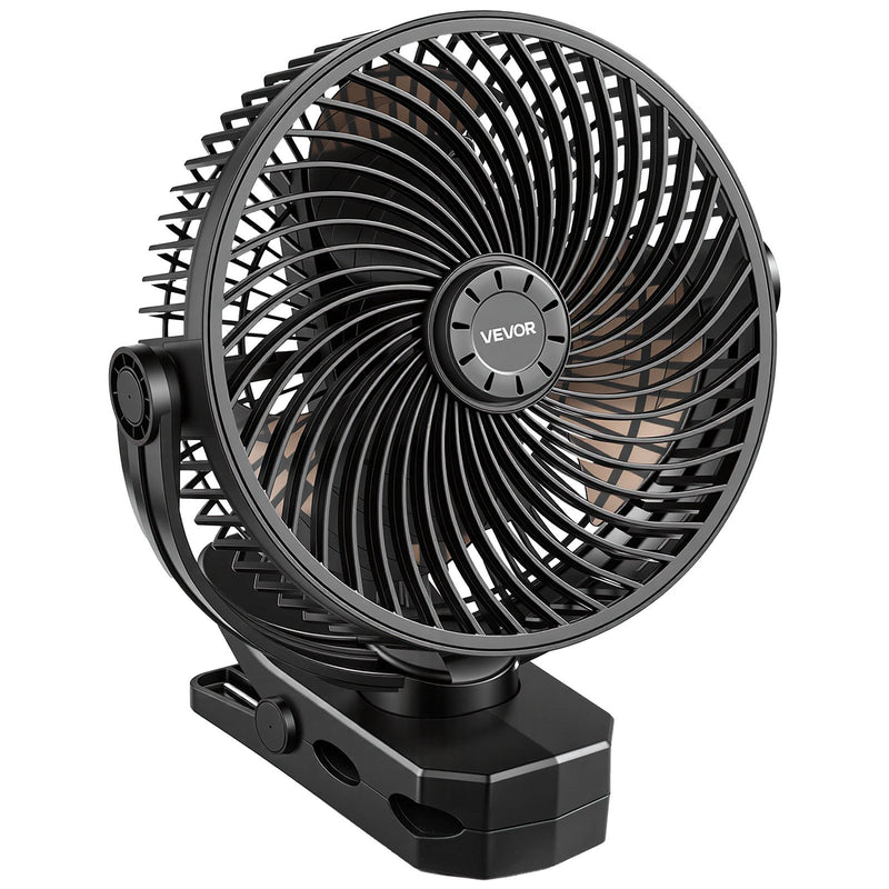 VEVOR pārnēsājams ventilators ar klipsi un uzlādējamu akumulatoru, USB pieslēgvieta, 3 ātrumi un cirkulācijas režīms, spēcīga gaisa plūsma, izturīgs stiprinājums, ilgs darbības laiks galdam, golfa ratiņiem, kempingam, skrejceliņam un birojam, melns