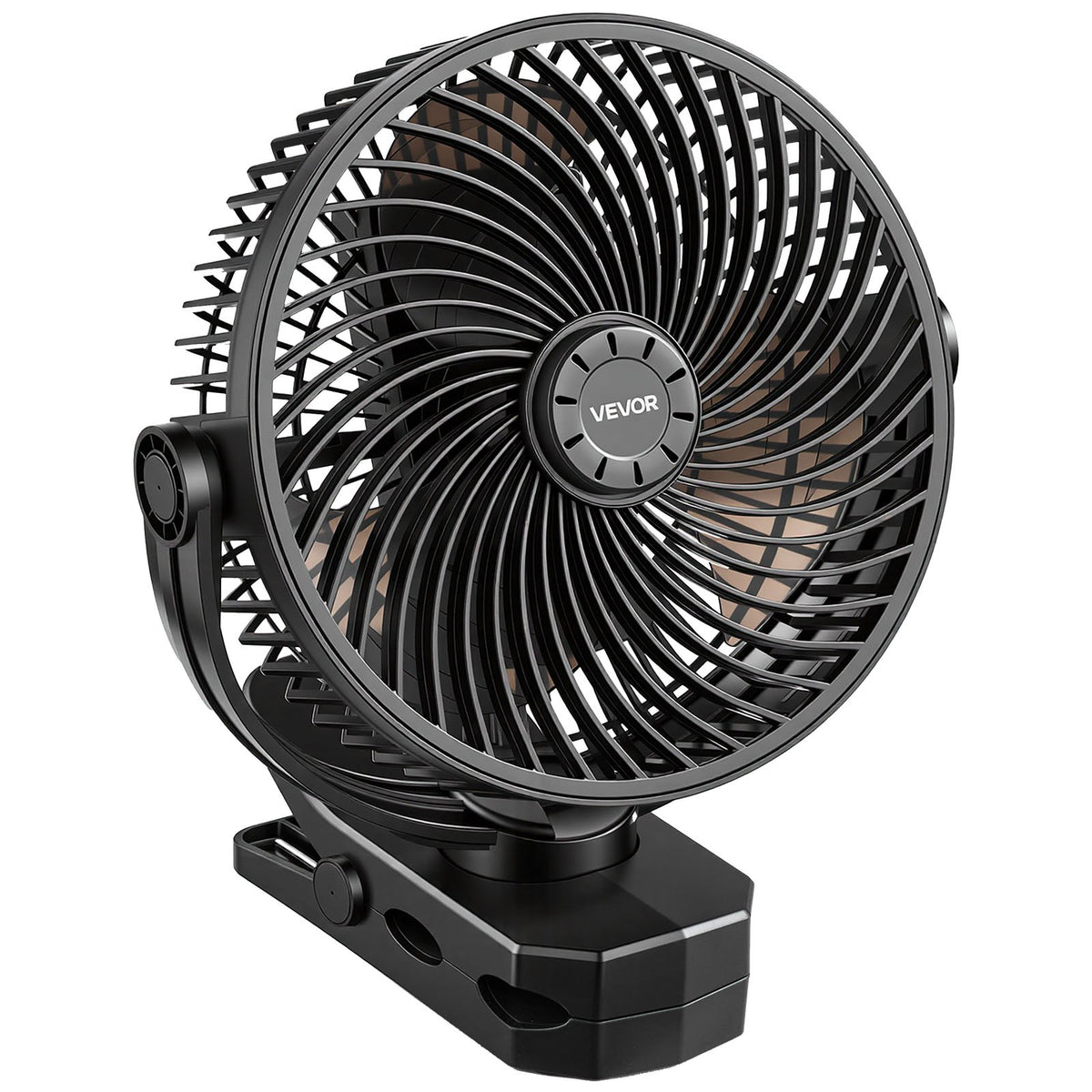 VEVOR pārnēsājams ventilators ar klipsi un uzlādējamu akumulatoru, USB pieslēgvieta, 3 ātrumi un cirkulācijas režīms, spēcīga gaisa plūsma, izturīgs stiprinājums, ilgs darbības laiks galdam, golfa ratiņiem, kempingam, skrejceliņam un birojam, melns