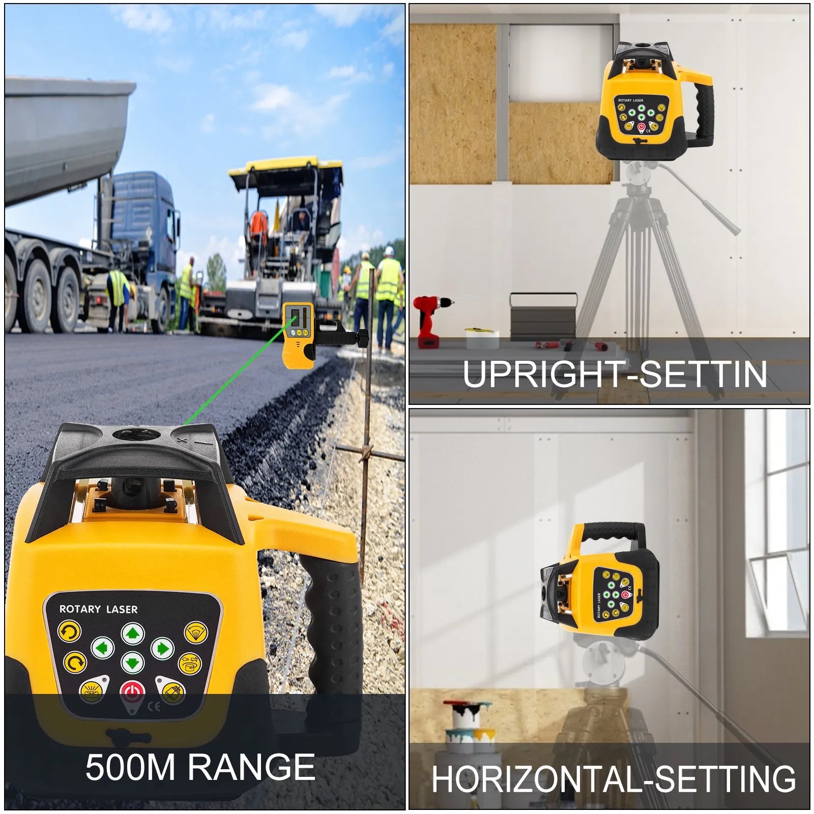 VEVOR rotējošs lāzera līmeņrādis ar zaļu staru, darbības rādiuss 500 m, regulējams slīpums, 360° rotācija, augsta precizitāte, komplektā tālvadības pults, uztvērējs un pārnēsāšanas koferis