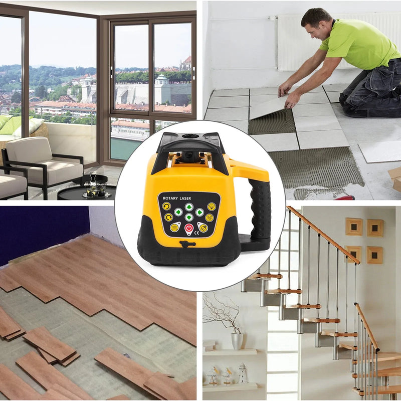 VEVOR rotējošs lāzera līmeņrādis ar zaļu staru, darbības rādiuss 500 m, regulējams slīpums, 360° rotācija, augsta precizitāte, komplektā tālvadības pults, uztvērējs un pārnēsāšanas koferis