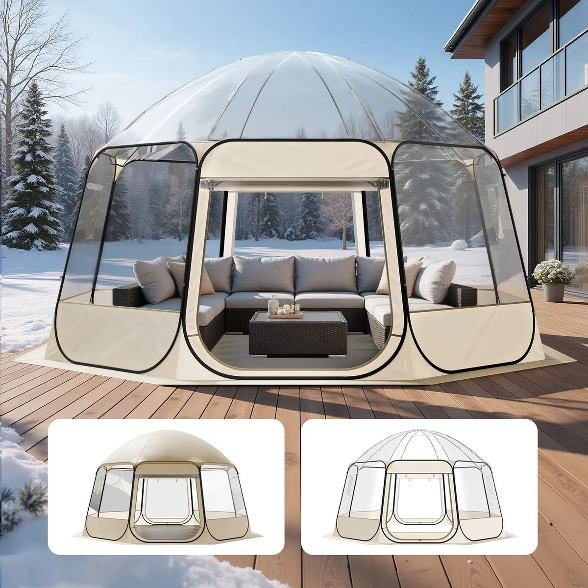 Uzpūšamā kupola tipa telts, 4,58 × 4,32 m, ūdensnecaurlaidīga un UV staru izturīga, caurspīdīga kempinga telts ar logiem un 540° panorāmas skatu, piemērota 12–15 personām dārzam, terasei vai pagalmam