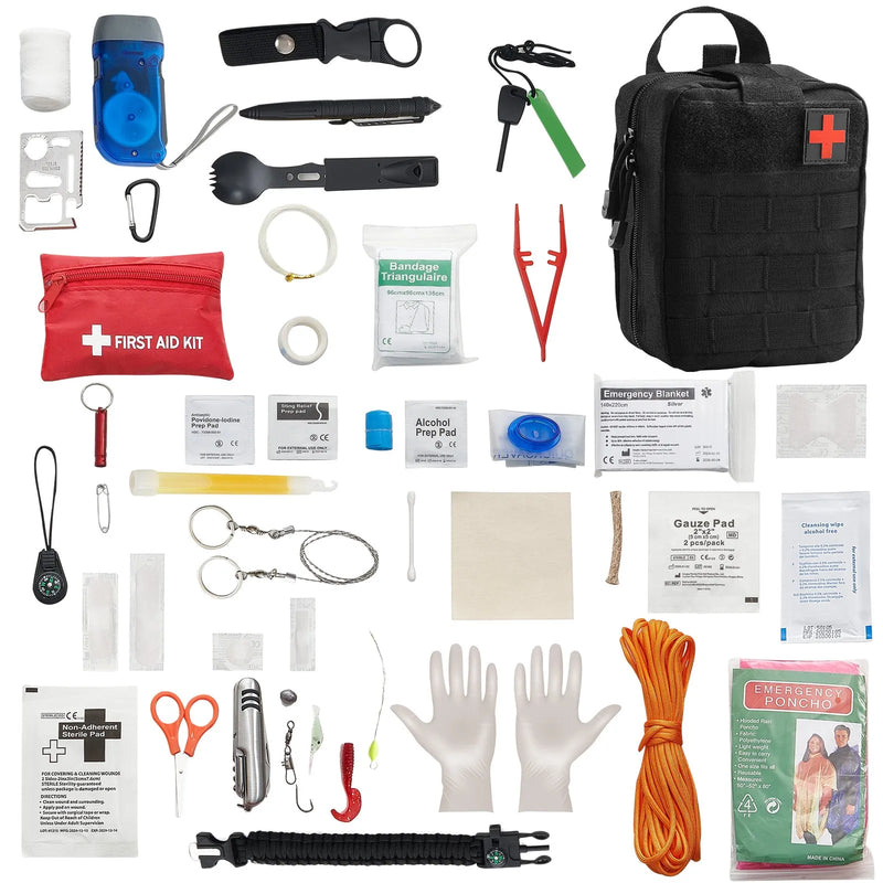 Survival First Aid Kit, 250 toodet, ellujäämisvarustus ja -tarbed, hädaabikomplektid meestele ja naistele telkimiseks, paadisõiduks, maavärinateks, matkamiseks, jahiks ja väliseiklusteks.