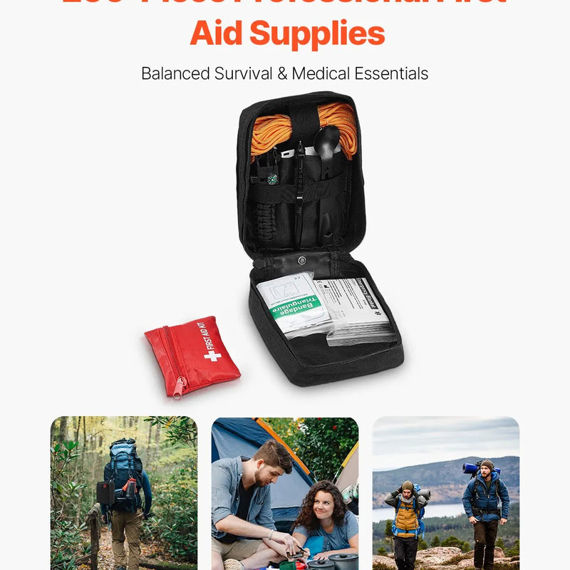 Survival First Aid Kit, 250 toodet, ellujäämisvarustus ja -tarbed, hädaabikomplektid meestele ja naistele telkimiseks, paadisõiduks, maavärinateks, matkamiseks, jahiks ja väliseiklusteks.