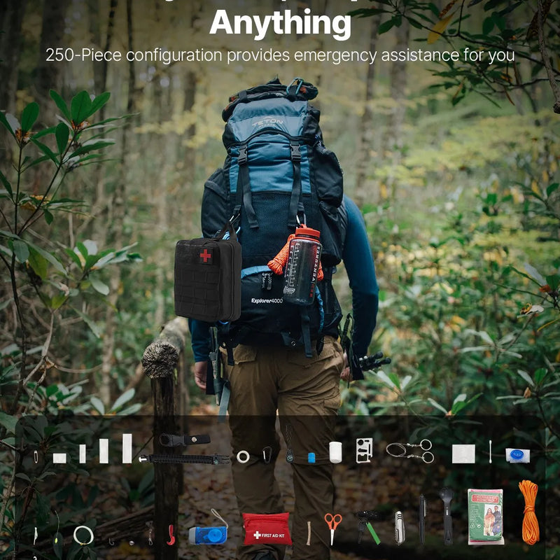 Survival First Aid Kit, 250 toodet, ellujäämisvarustus ja -tarbed, hädaabikomplektid meestele ja naistele telkimiseks, paadisõiduks, maavärinateks, matkamiseks, jahiks ja väliseiklusteks.