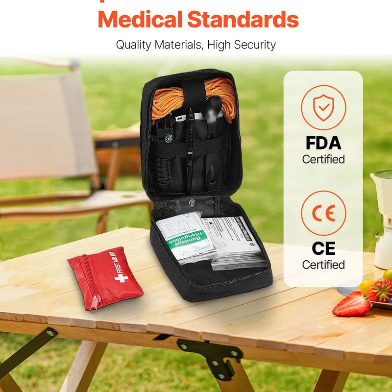 Survival First Aid Kit, 250 toodet, ellujäämisvarustus ja -tarbed, hädaabikomplektid meestele ja naistele telkimiseks, paadisõiduks, maavärinateks, matkamiseks, jahiks ja väliseiklusteks.