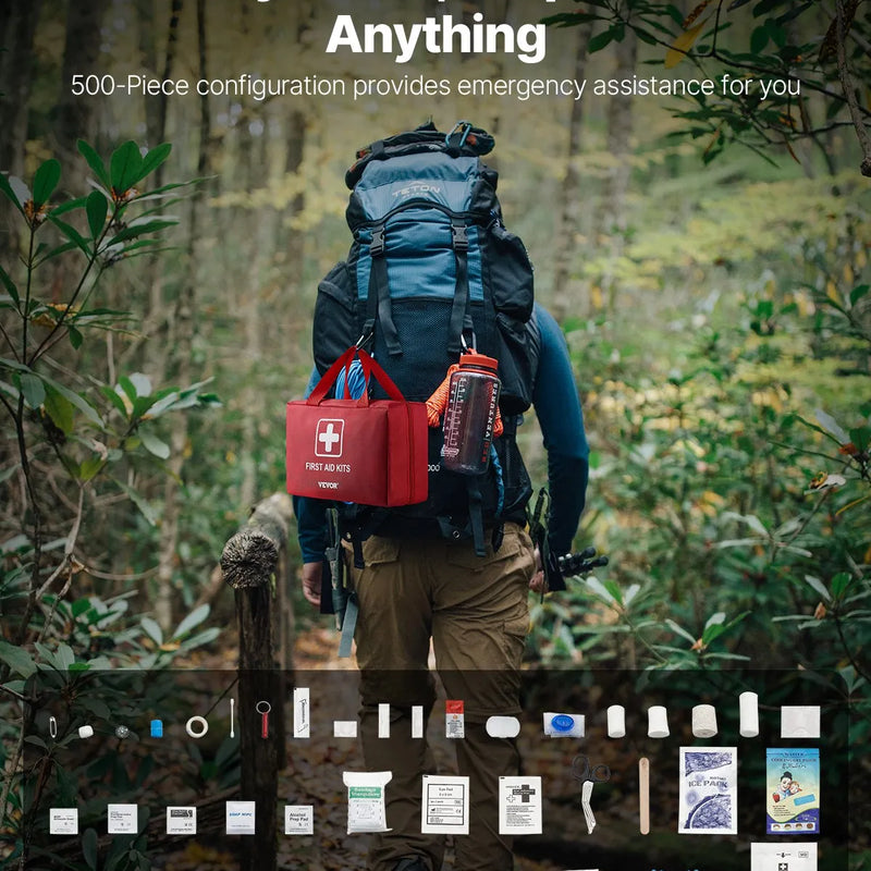 Pirmās palīdzības komplekts, 500 vienības, neatliekamās medicīnas piederumi mājai, automašīnai, birojam, ceļošanai, kempingam, kravas automašīnai, pārgājieniem, sportam, transportlīdzekļiem un āra ārkārtas situācijām