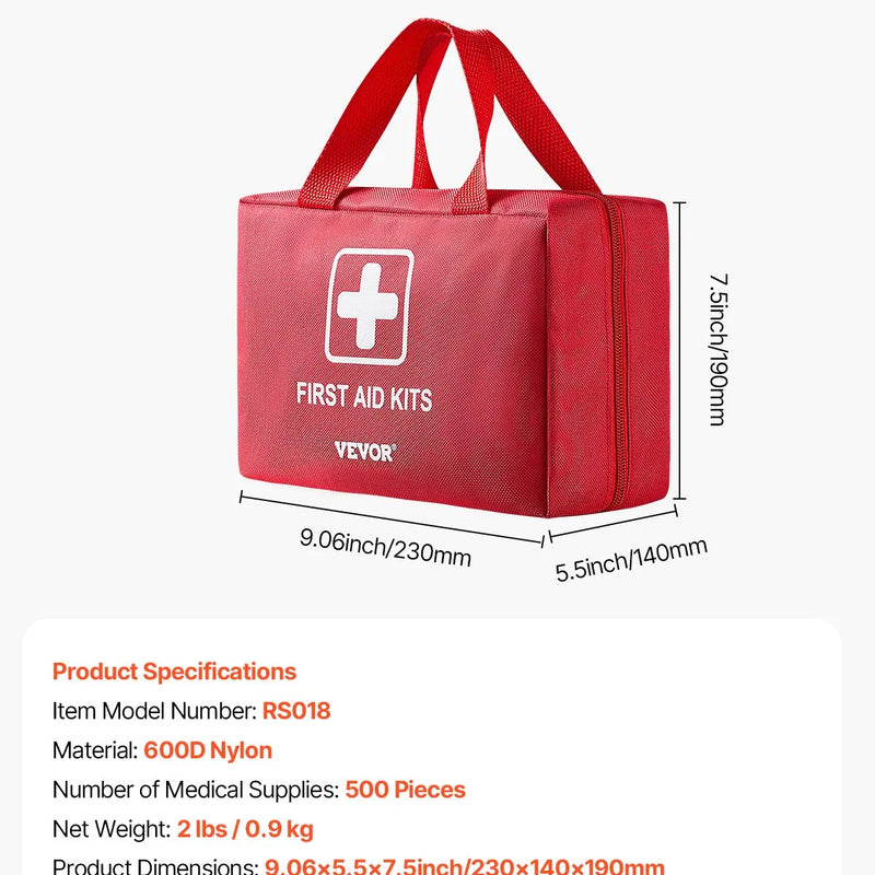 Pirmās palīdzības komplekts, 500 vienības, neatliekamās medicīnas piederumi mājai, automašīnai, birojam, ceļošanai, kempingam, kravas automašīnai, pārgājieniem, sportam, transportlīdzekļiem un āra ārkārtas situācijām