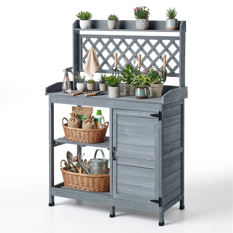 VEVOR dārza darba galds ar 110 x 46 cm koka virsmu, āra koka darba stacija ar uzglabāšanas skapi un plauktiem, dārza stādīšanas galds terasei, pagalmam un balkonam, pelēks