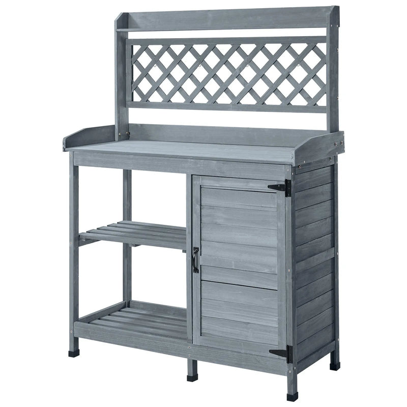 VEVOR dārza darba galds ar 110 x 46 cm koka virsmu, āra koka darba stacija ar uzglabāšanas skapi un plauktiem, dārza stādīšanas galds terasei, pagalmam un balkonam, pelēks