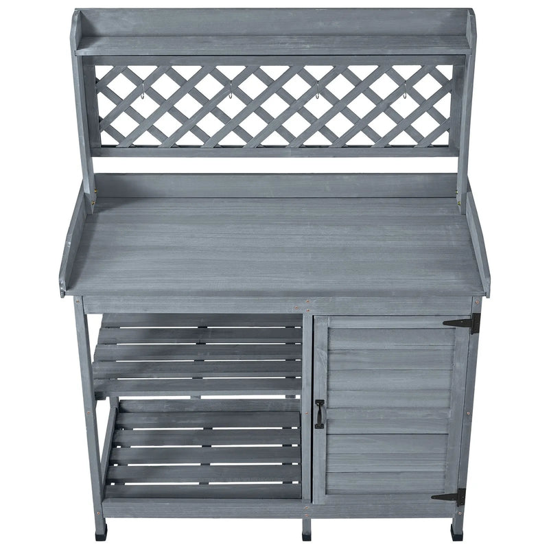 VEVOR dārza darba galds ar 110 x 46 cm koka virsmu, āra koka darba stacija ar uzglabāšanas skapi un plauktiem, dārza stādīšanas galds terasei, pagalmam un balkonam, pelēks