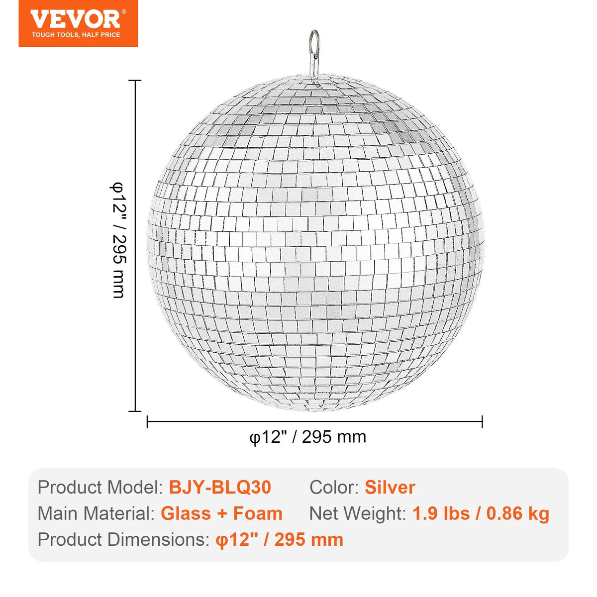 VEVOR spoguļdisco bumba 30 cm ar piekarināšanas gredzenu, spoguļvirsmas diskobumba ballīšu dekorācijām DJ klubiem, skatuvēm, kāzām, dzimšanas dienām, Ziemassvētkiem un Jaungada svinībām