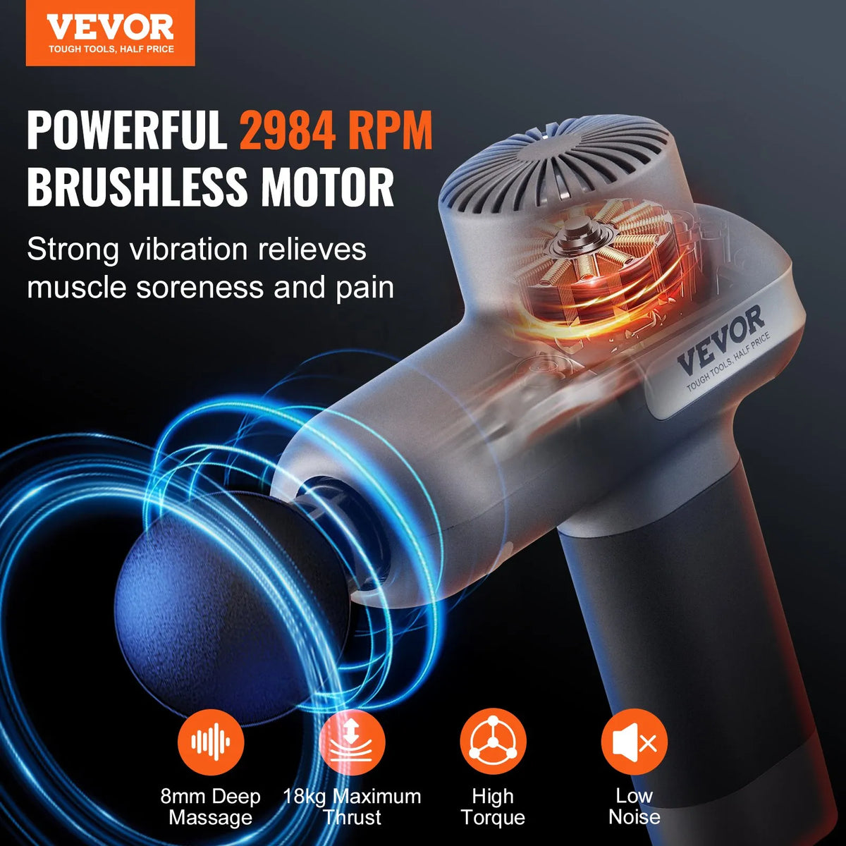 VEVOR mini masāžas pistole, perkusīvā muskuļu masāžas ierīce sportistiem ar 5 ātruma līmeņiem un 6 masāžas uzgaļiem, 7,4 V 2500 mAh akumulators, kompakta rokas masāžas pistole sāpju mazināšanai un muskuļu relaksācijai