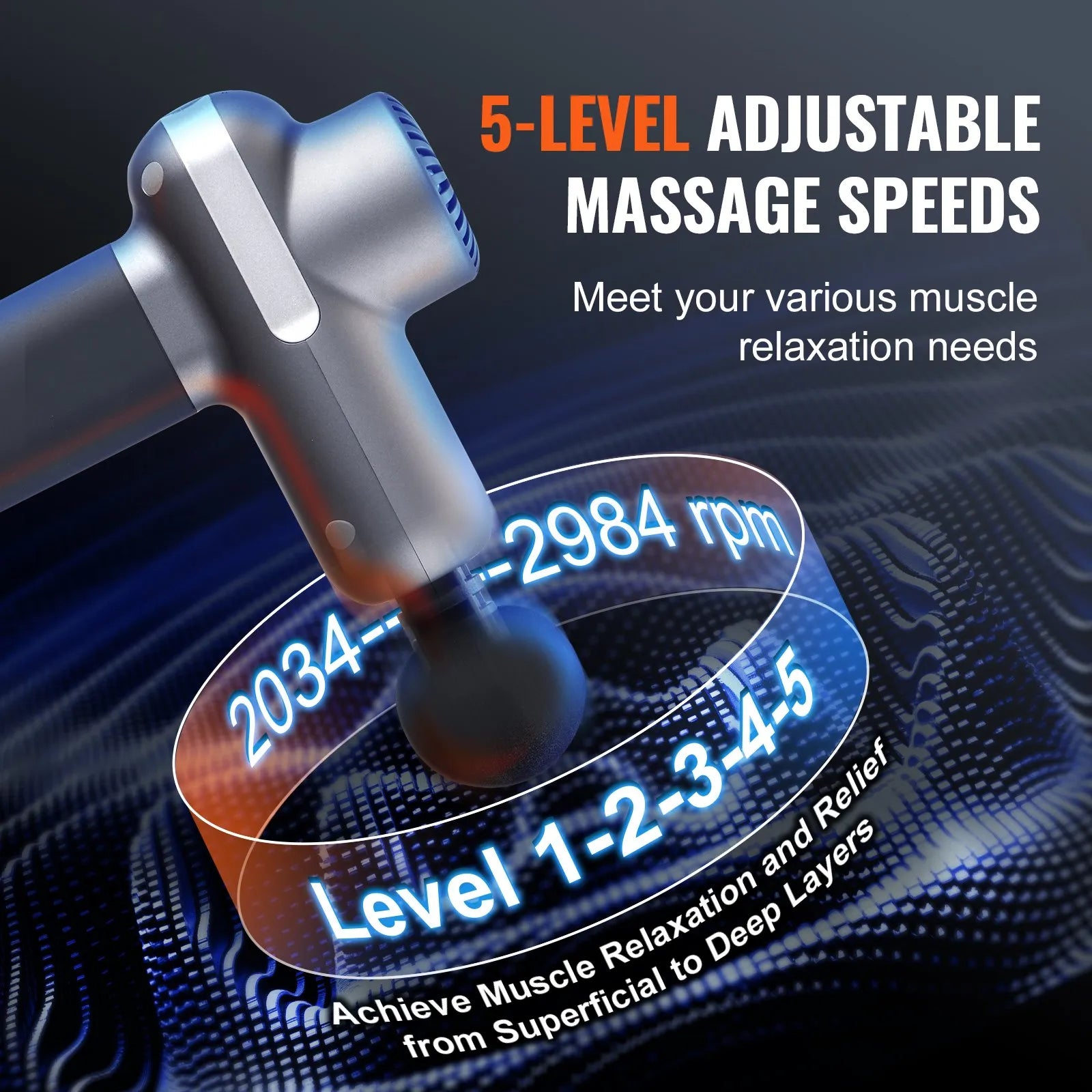 VEVOR mini masāžas pistole, perkusīvā muskuļu masāžas ierīce sportistiem ar 5 ātruma līmeņiem un 6 masāžas uzgaļiem, 7,4 V 2500 mAh akumulators, kompakta rokas masāžas pistole sāpju mazināšanai un muskuļu relaksācijai