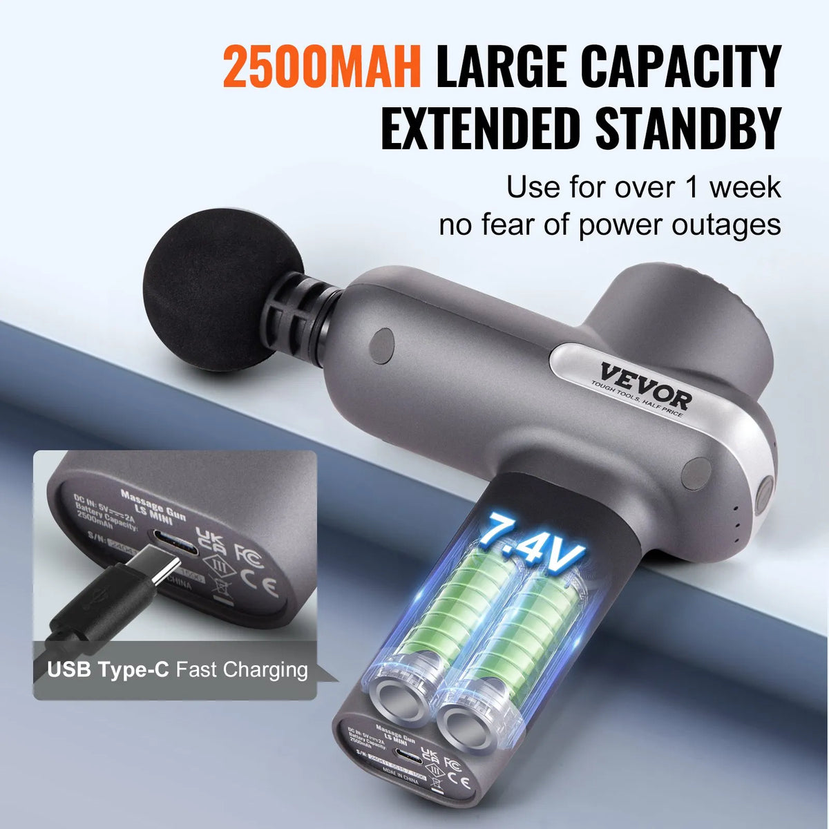 VEVOR mini masāžas pistole, perkusīvā muskuļu masāžas ierīce sportistiem ar 5 ātruma līmeņiem un 6 masāžas uzgaļiem, 7,4 V 2500 mAh akumulators, kompakta rokas masāžas pistole sāpju mazināšanai un muskuļu relaksācijai