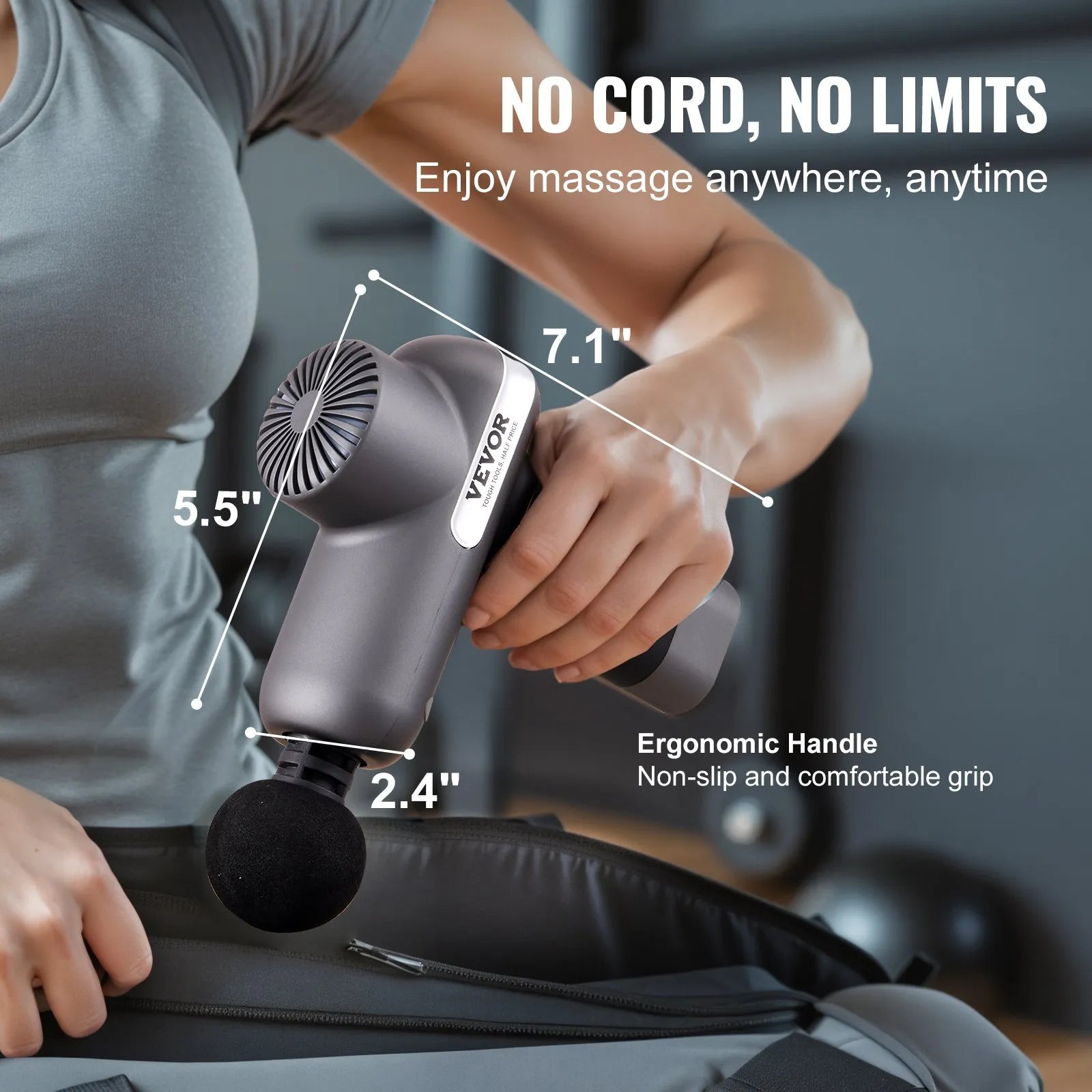 VEVOR mini masāžas pistole, perkusīvā muskuļu masāžas ierīce sportistiem ar 5 ātruma līmeņiem un 6 masāžas uzgaļiem, 7,4 V 2500 mAh akumulators, kompakta rokas masāžas pistole sāpju mazināšanai un muskuļu relaksācijai