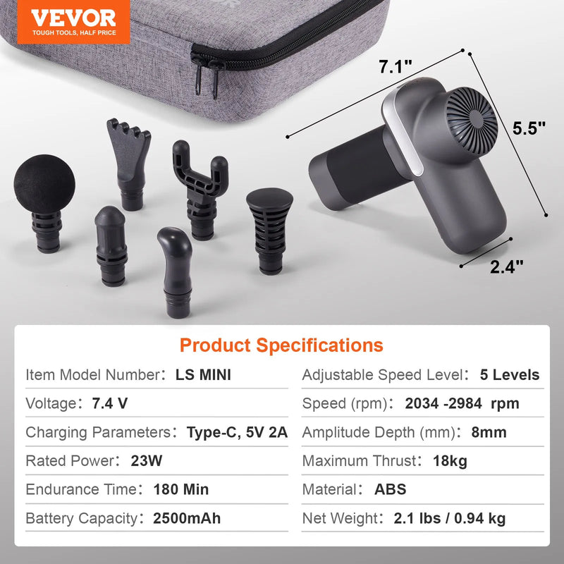 VEVOR mini masāžas pistole, perkusīvā muskuļu masāžas ierīce sportistiem ar 5 ātruma līmeņiem un 6 masāžas uzgaļiem, 7,4 V 2500 mAh akumulators, kompakta rokas masāžas pistole sāpju mazināšanai un muskuļu relaksācijai