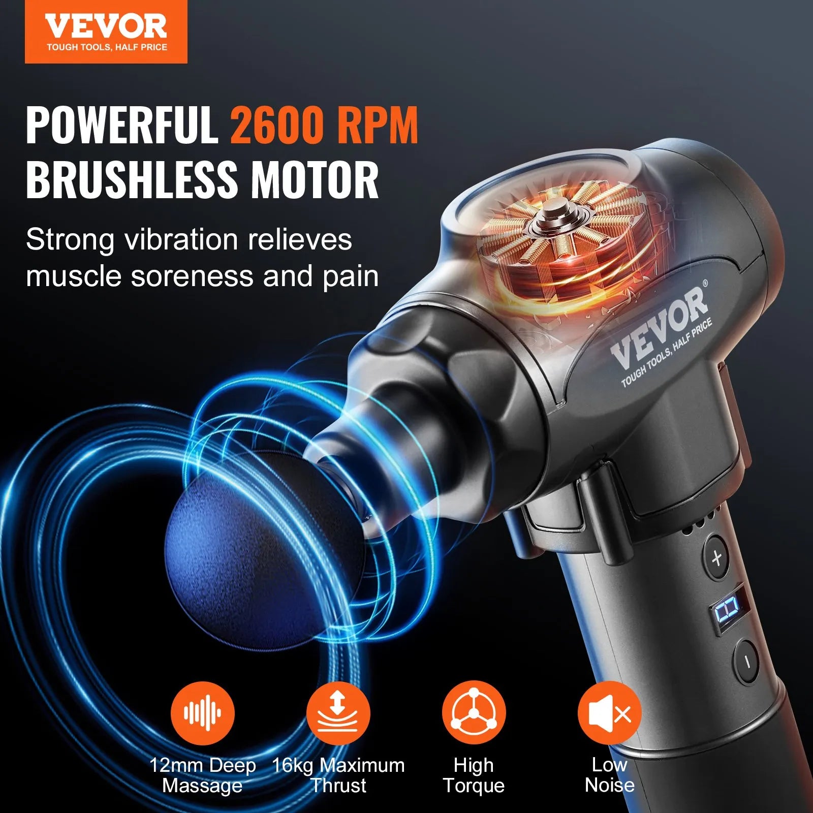 VEVOR dziļo audu masāžas pistole ar 9 ātruma līmeņiem un 6 masāžas uzgaļiem, 24 V 2500 mAh akumulators, perkusīvā muskuļu masāžas ierīce sportistiem sāpju mazināšanai un muskuļu relaksācijai