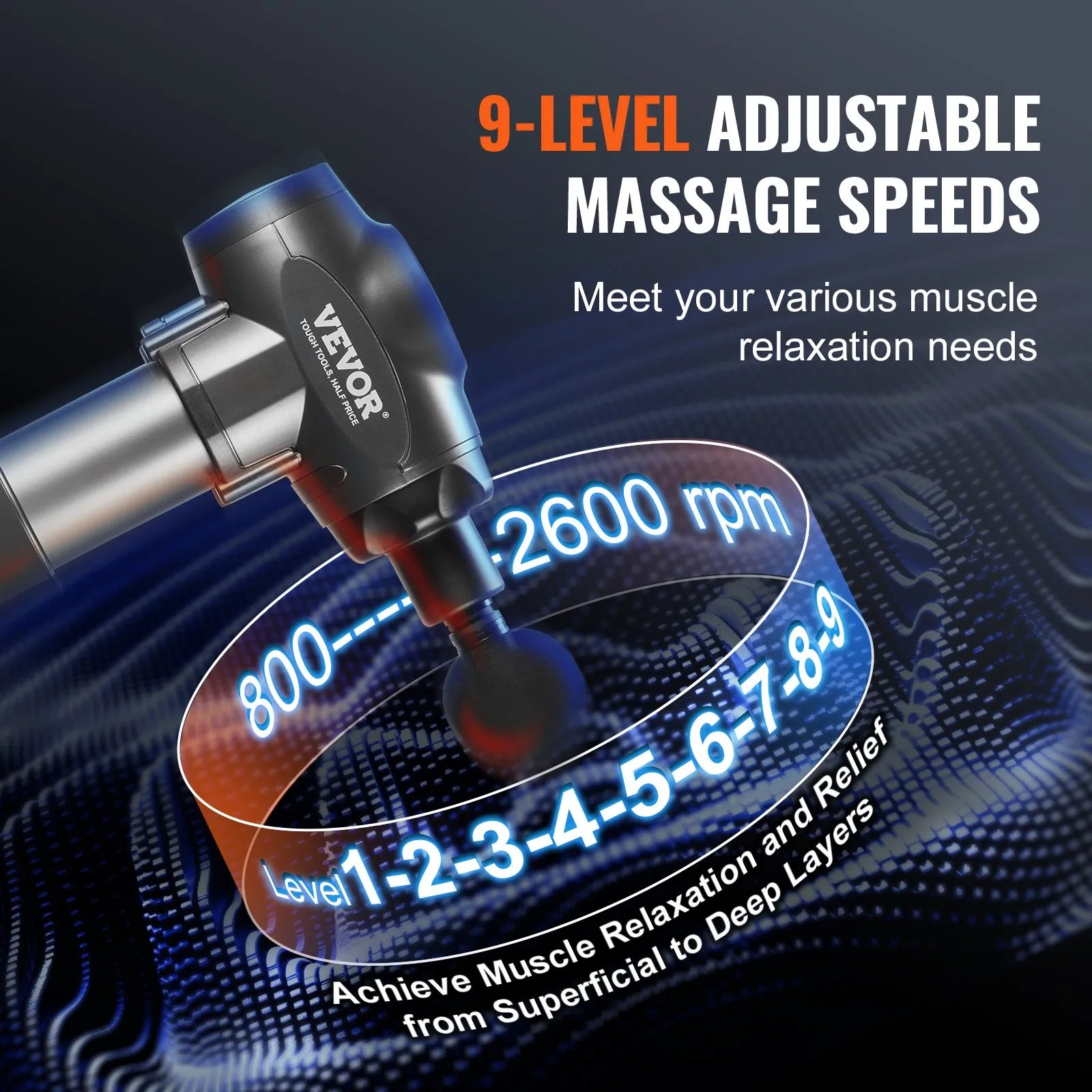 VEVOR dziļo audu masāžas pistole ar 9 ātruma līmeņiem un 6 masāžas uzgaļiem, 24 V 2500 mAh akumulators, perkusīvā muskuļu masāžas ierīce sportistiem sāpju mazināšanai un muskuļu relaksācijai
