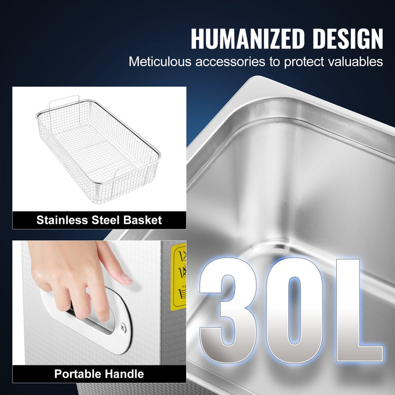 VEVOR 30 L ultraskaņas tīrīšanas iekārta no nerūsējošā tērauda ar digitālu sildītāju un taimeri, piemērota rotaslietu tīrīšanai komerciālai un mājas lietošanai