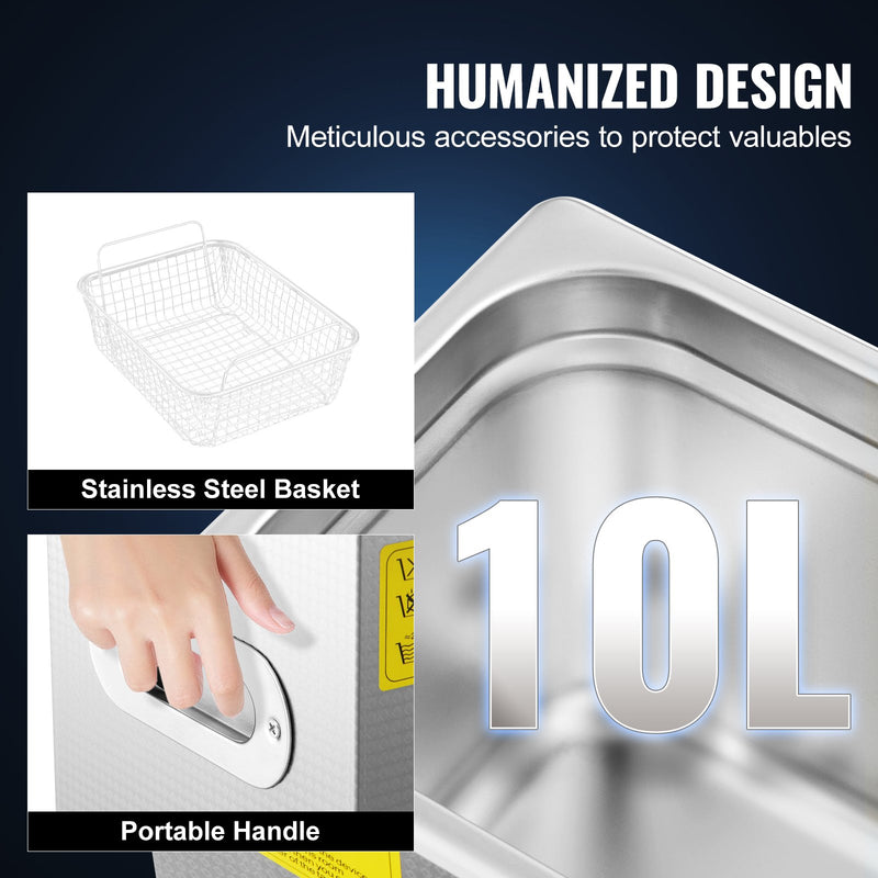 VEVOR 10L ultraskaņas tīrīšanas iekārta, nerūsējošā tērauda ultraskaņas tīrītājs ar digitālo sildītāju un taimeri, piemērots rotaslietām, komerciālai, personīgai un mājas lietošanai.