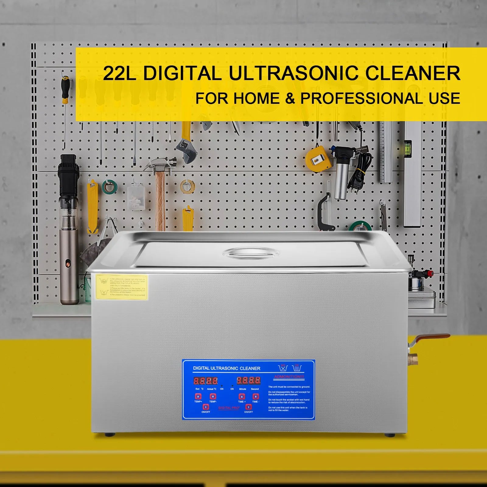 VEVOR 22 L ultraskaņas tīrīšanas iekārta no nerūsējošā tērauda ar digitālo sildītāju, taimeri un grozu (22 L) — piemērota komerciālai un mājas lietošanai, nodrošinot efektīvu ultraskaņas tīrīšanu rotaslietām, brillēm, instrumentiem un citiem priekšmetiem.