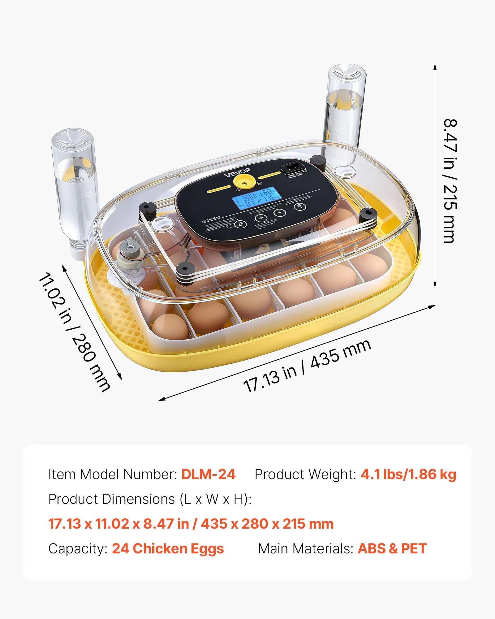 VEVOR 24 olu inkubators ar automātisku olu grozītāju un LED ovoskopu, temperatūras un mitruma kontroli, 360° skata caurspīdīgu vāku, automātisku ūdens papildināšanu mājputnu olu inkubēšanai (cāļiem, pīlēm, zosīm, paipalām)