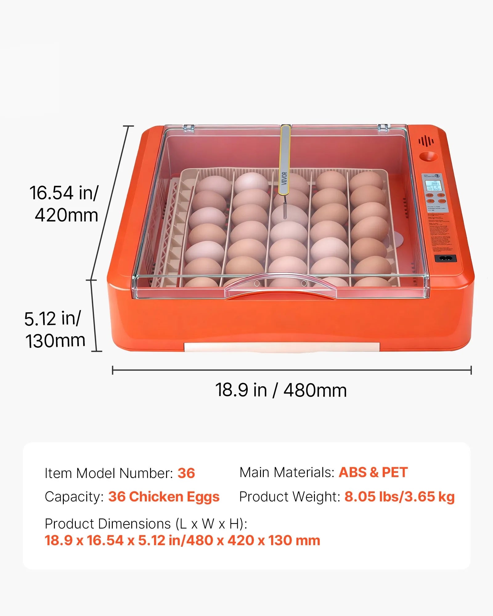 VEVOR 36 olu inkubators ar automātisku olu grozītāju, LED ovoskopu un ūdens paplāti, temperatūras un mitruma kontroli, caurspīdīgu 360° skata logu putnu olu inkubēšanai cāļiem, pīlēm, zosīm un paipalām