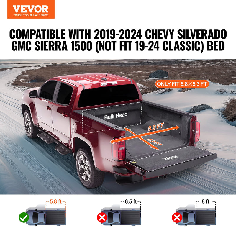 VEVOR мягкая крышка багажника из ПВХ 1,62 × 1,60 м, для Chevy Silverado/GMC Sierra 1500 (2019-2024, кроме Classic)