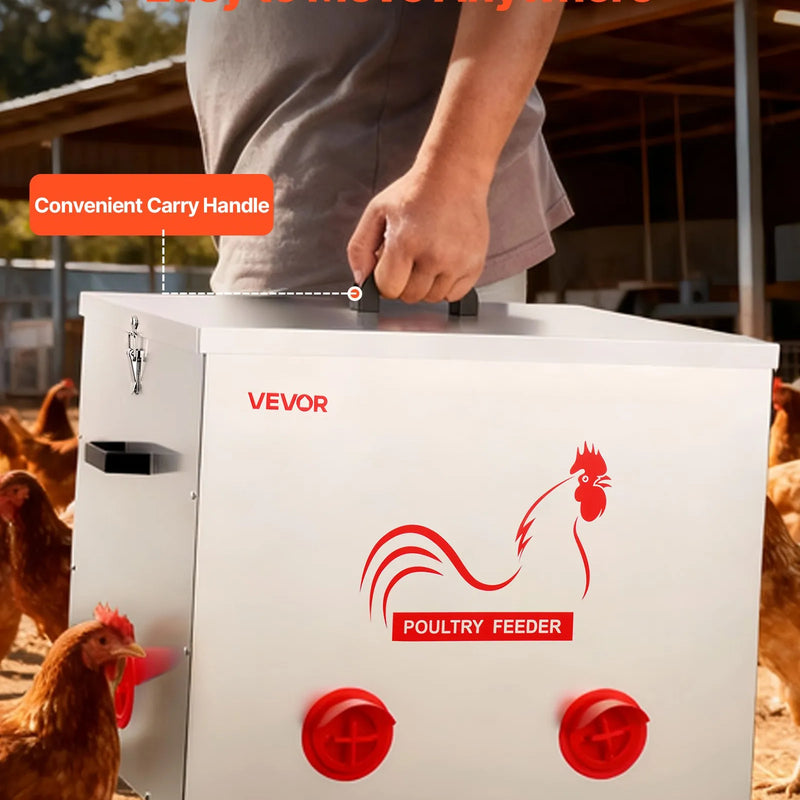 VEVOR automātiskā vistu barotava, 38,56 kg ietilpība, 6 barošanas atveres bez barības zudumiem, ar iebūvētu sadalītāju, aizbīdni un rokturi, metāla konstrukcija vistām, pundurvistām un fazāniem