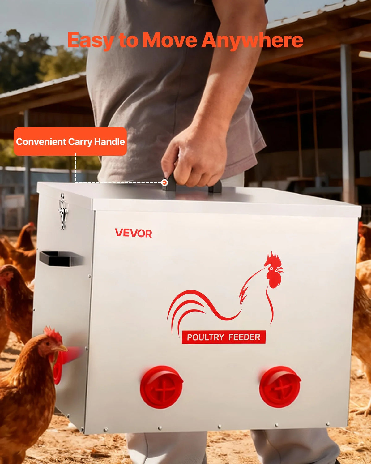 VEVOR automātiskā vistu barotava, 38,56 kg ietilpība, 6 barošanas atveres bez barības zudumiem, ar iebūvētu sadalītāju, aizbīdni un rokturi, metāla konstrukcija vistām, pundurvistām un fazāniem